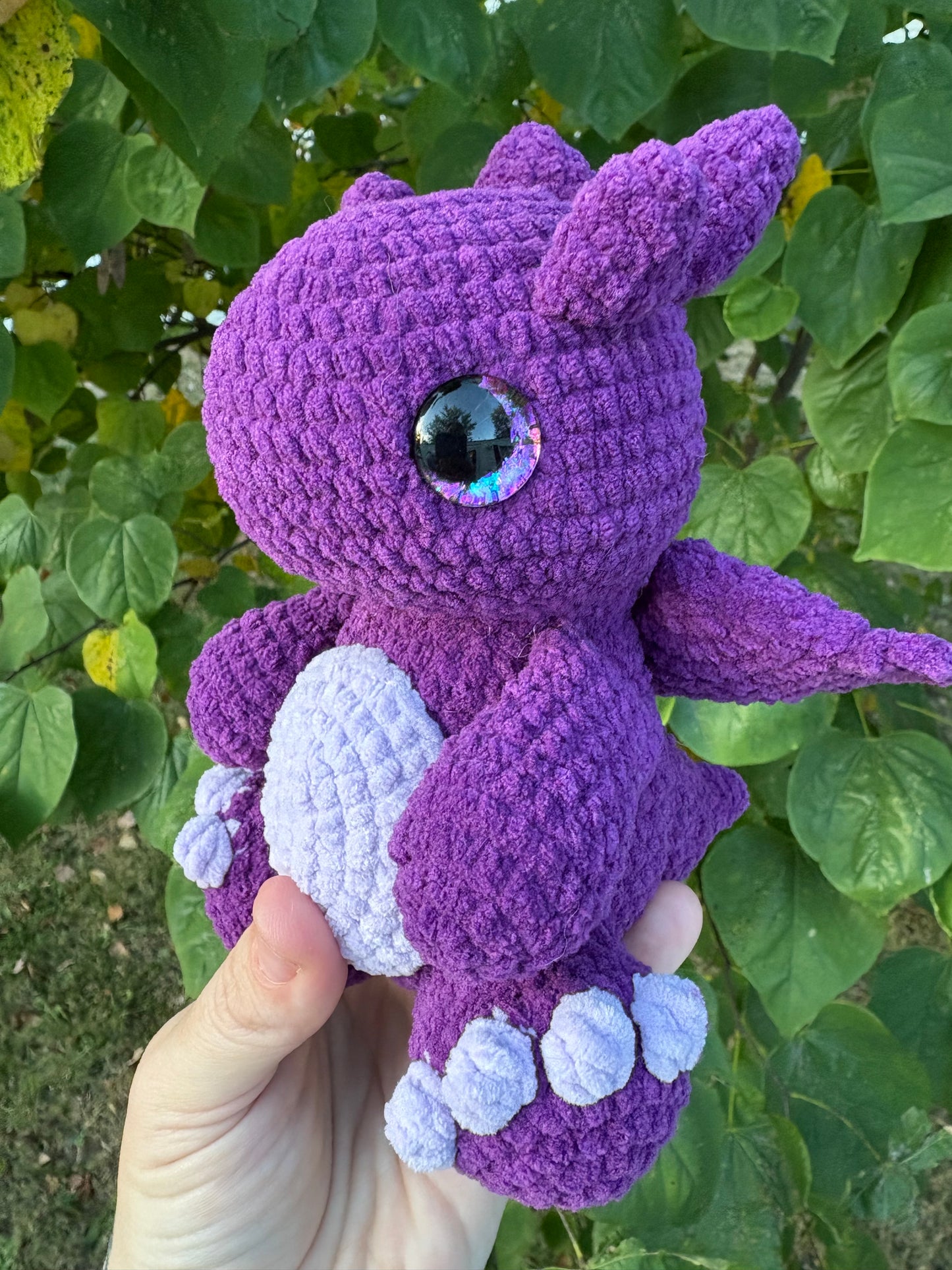 LuvKnotz Medium Purple Dragon Handmade Crochet - Soft Chenille Yarn, Approx. 8” tall, Purple Glitter Eyes, OOAK stuffed animals