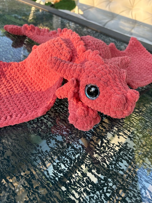 Large Floppy Orange - LuvKnotz Baby Dragon Handmade Crochet - Soft Chenille Yarn, Approx. 18” Long, Hand Painted Eyes, OOAK stuffed animals