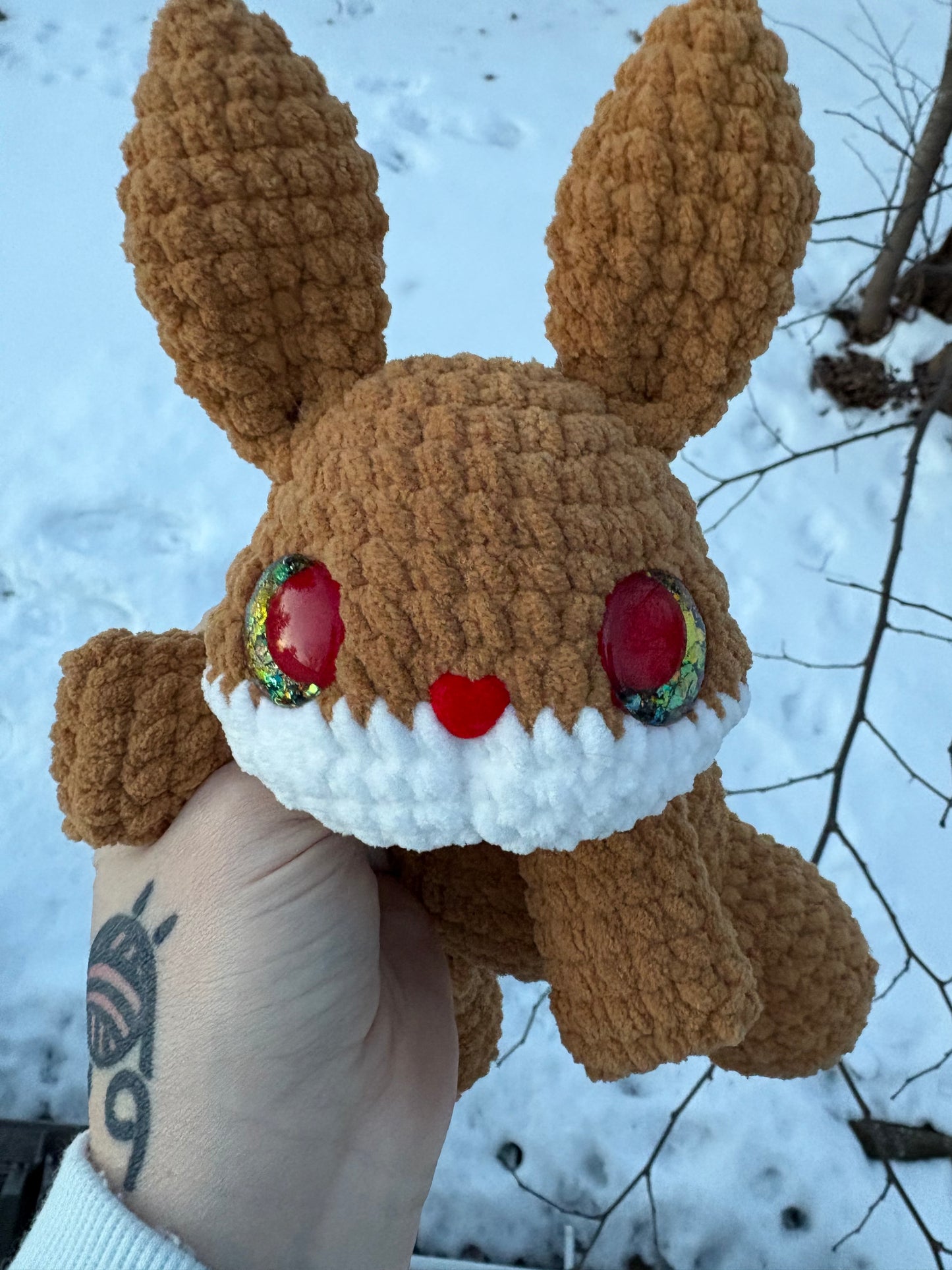 Floppy Brown - LuvKnotz Baby Bunny Rabbit Handmade Crochet - Soft Chenille Yarn, Approx. 10” Long, Hand Painted Eyes, OOAK stuffed animals