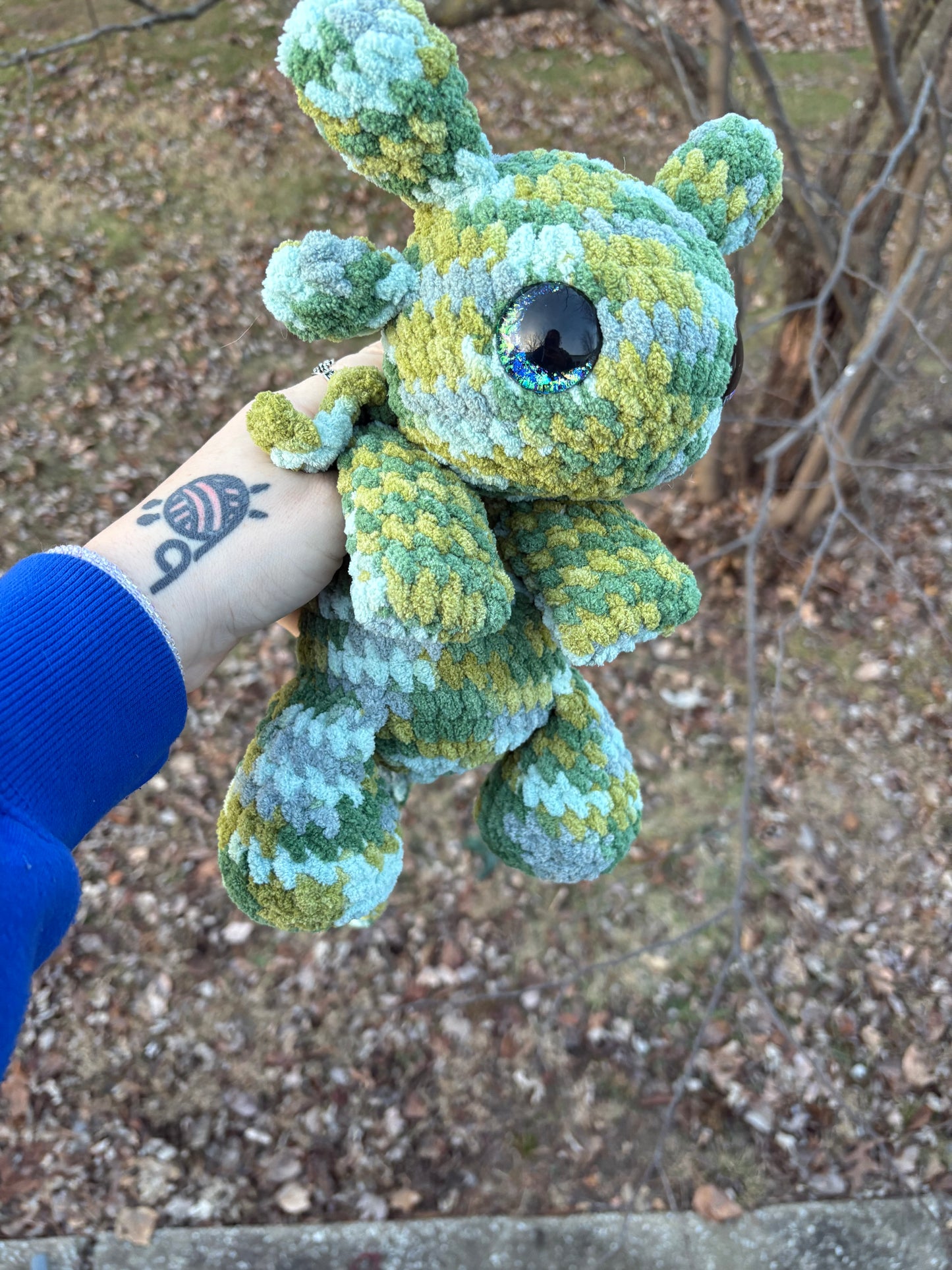 XL - Floppy Army Green - LuvKnotz Baby Dragon Handmade Crochet - Soft Chenille Yarn, Approx. 18” Long, Hand Painted Eyes, OOAK stuffed animals