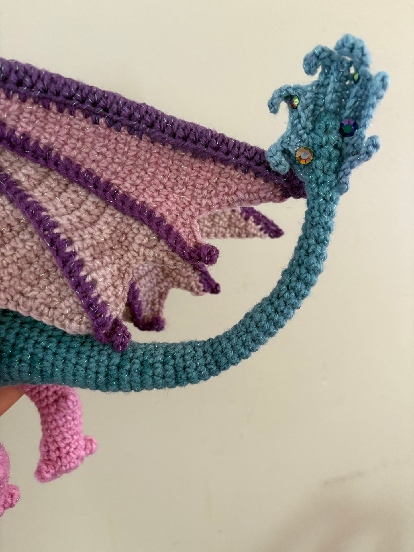 LuvKnotz Large Multicolor Wired Dragon Handmade Crochet - Soft Chenille Yarn, Approx. 14" Long, pink/orange Glitter Eyes, OOAK stuffed animals