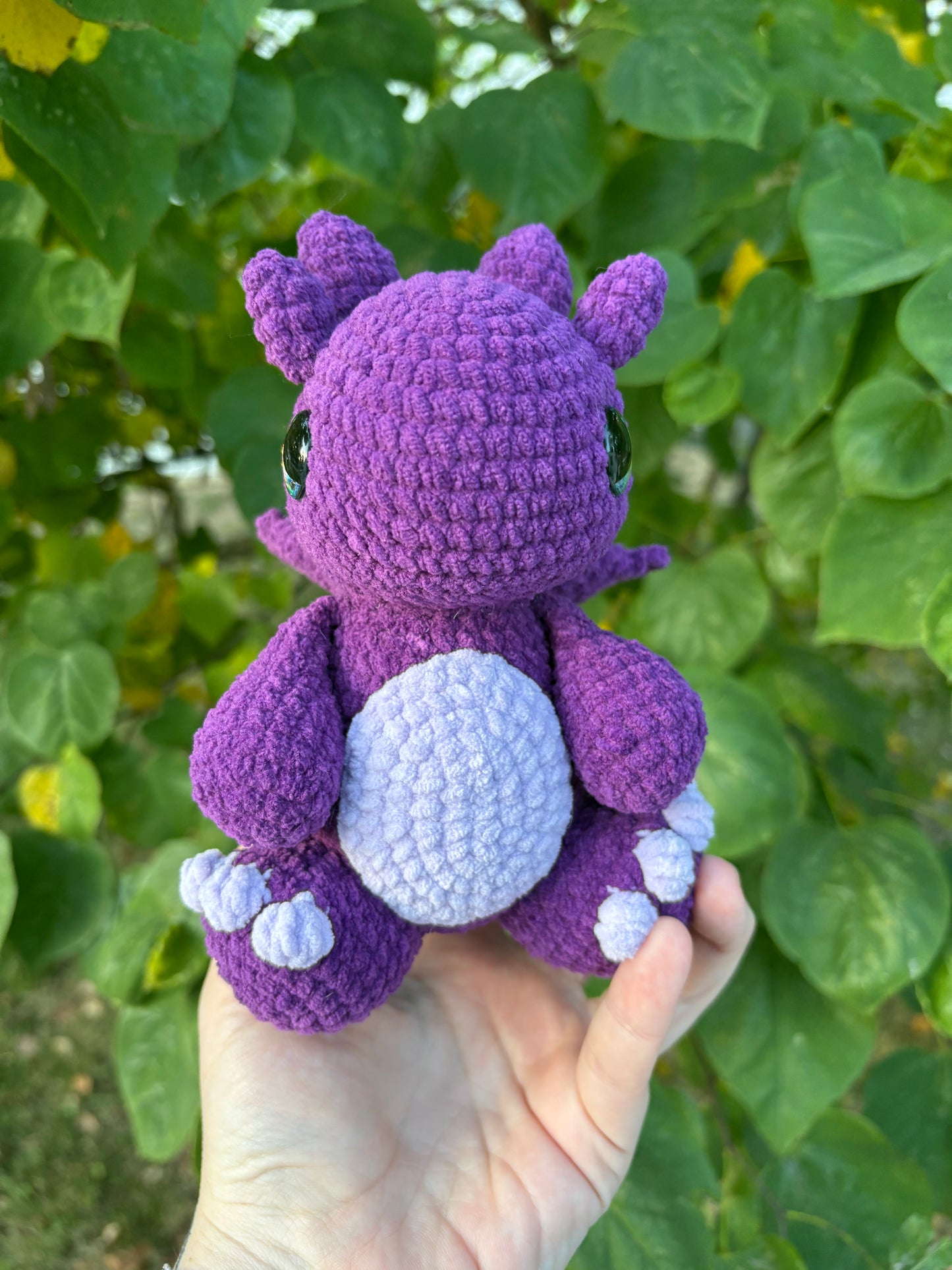 LuvKnotz Medium Purple Dragon Handmade Crochet - Soft Chenille Yarn, Approx. 8” tall, Purple Glitter Eyes, OOAK stuffed animals