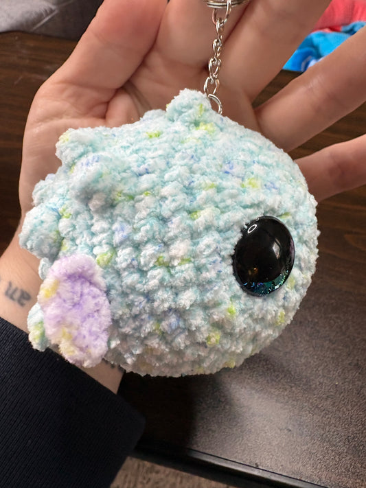 LuvKnotz Tiny Multicolor Keychain Blowfish Handmade Crochet - Soft Acrylic Yarn, Approx. 3” Long, OOAK stuffed animals