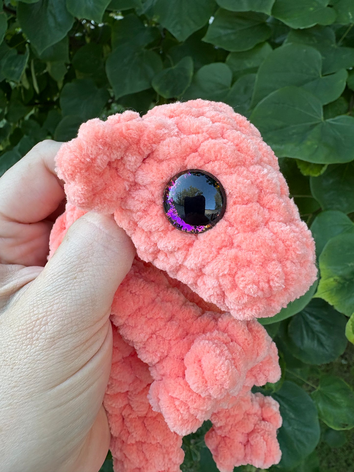LuvKnotz Small Coral Baby Dragon Handmade Crochet - Soft Chenille Yarn, Approx. 14" Long, Black Orange Pink Eyes, OOAK stuffed animals