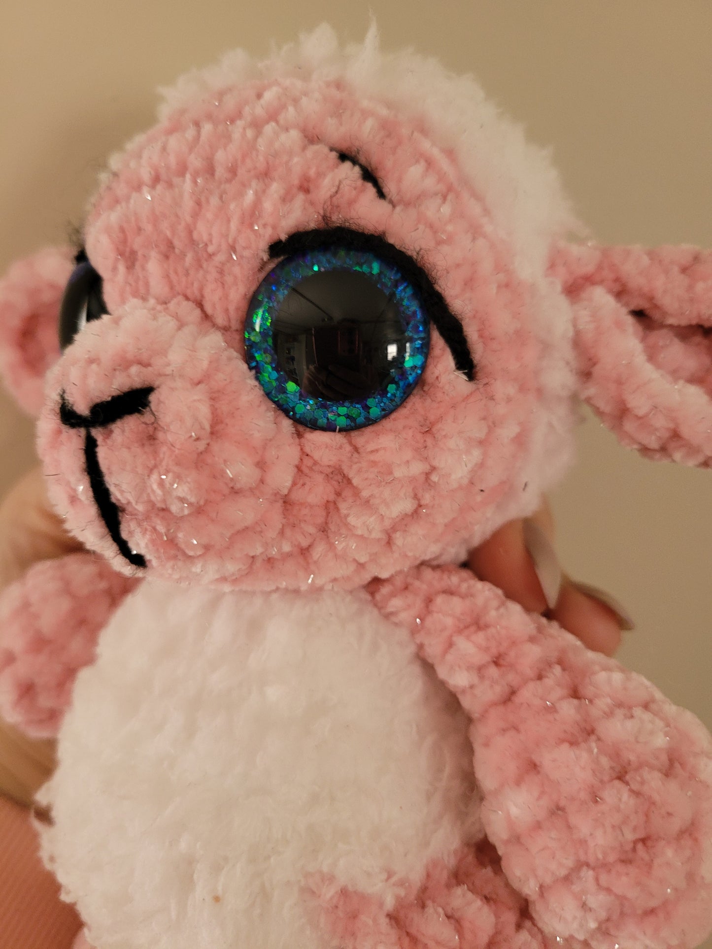 LuvKnotz Medium Pink White Lamb - Unique Design for Stuffed Animal - approx. 10" - glitter blue eyes