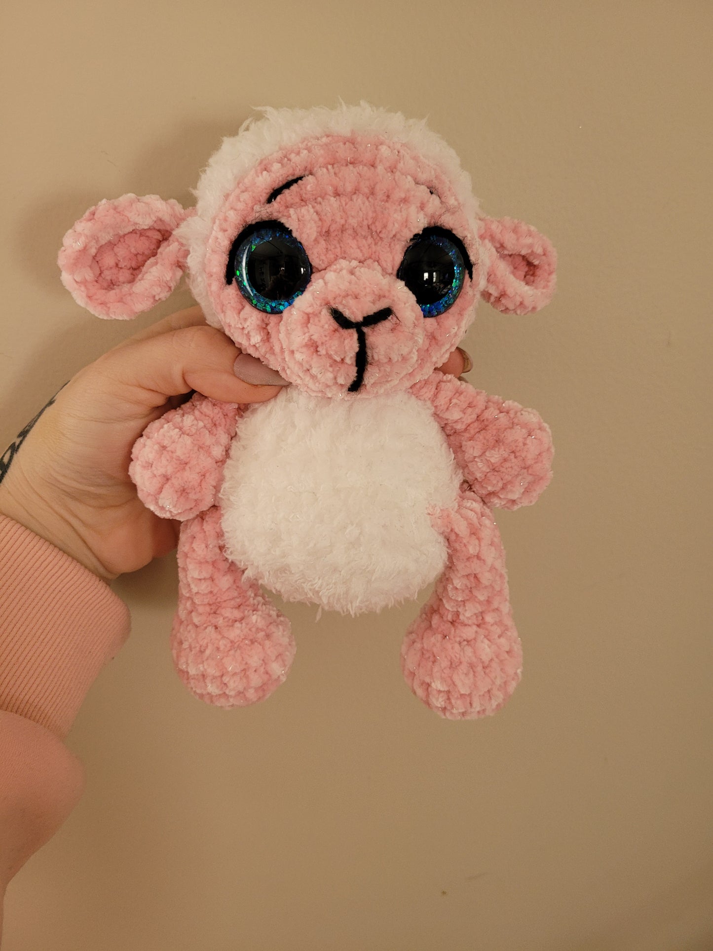 LuvKnotz Medium Pink White Lamb - Unique Design for Stuffed Animal - approx. 10" - glitter blue eyes