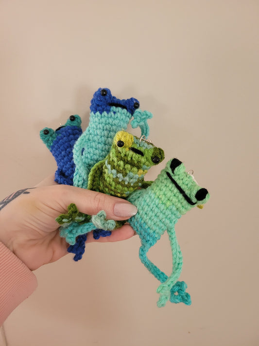 LuvKnotz Tiny Blue Green Keychain Leggy Frog Handmade Crochet - Soft Acrylic Yarn, Approx. 4" Long, OOAK stuffed animals