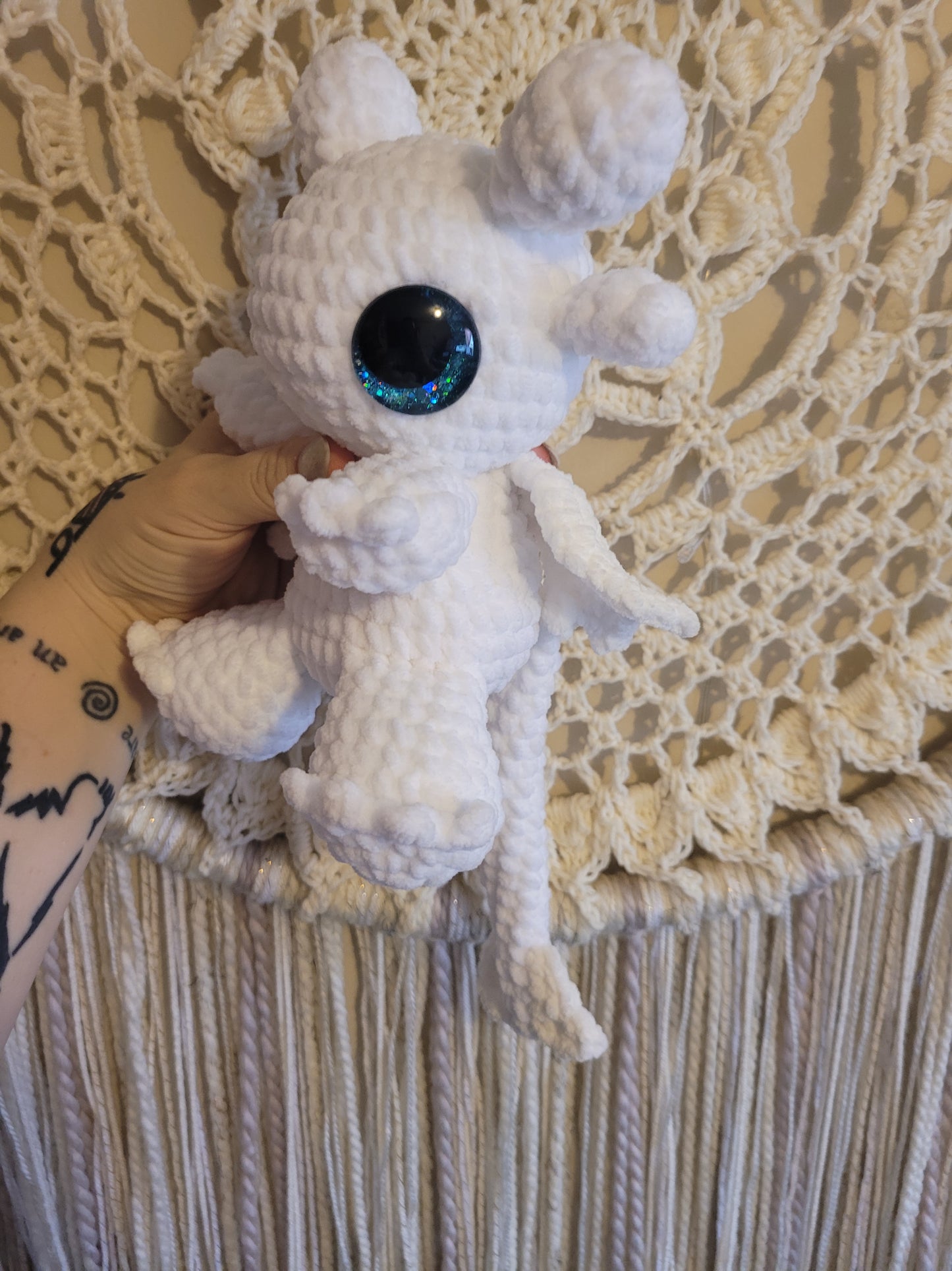 LuvKnotz Medium Baby White Lightfury Dragon Handmade Crochet - Soft Chenille Yarn, Approx. 12" Long, Blue Glitter Eyes, OOAK stuffed animals
