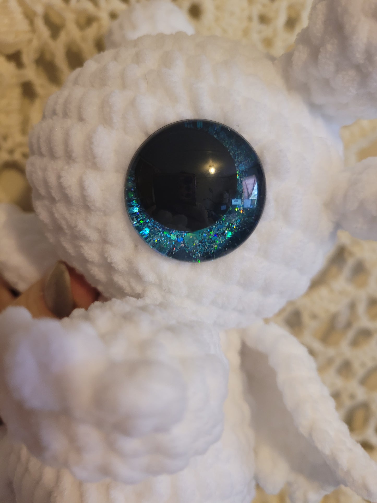 LuvKnotz Medium Baby White Lightfury Dragon Handmade Crochet - Soft Chenille Yarn, Approx. 12" Long, Blue Glitter Eyes, OOAK stuffed animals