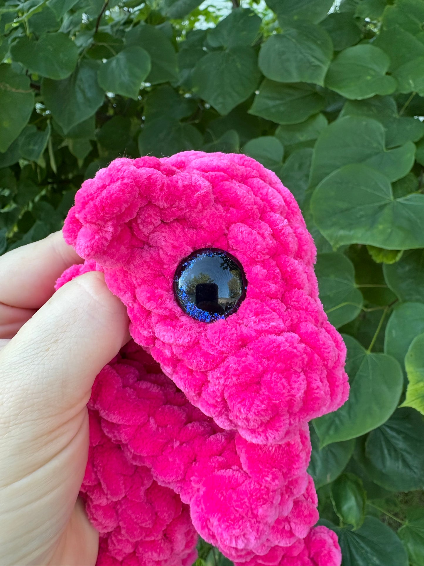 LuvKnotz Small Hot Pink Baby Dragon Handmade Crochet - Soft Chenille Yarn, Approx. 14" Long, Black Purple Eyes, OOAK stuffed animals