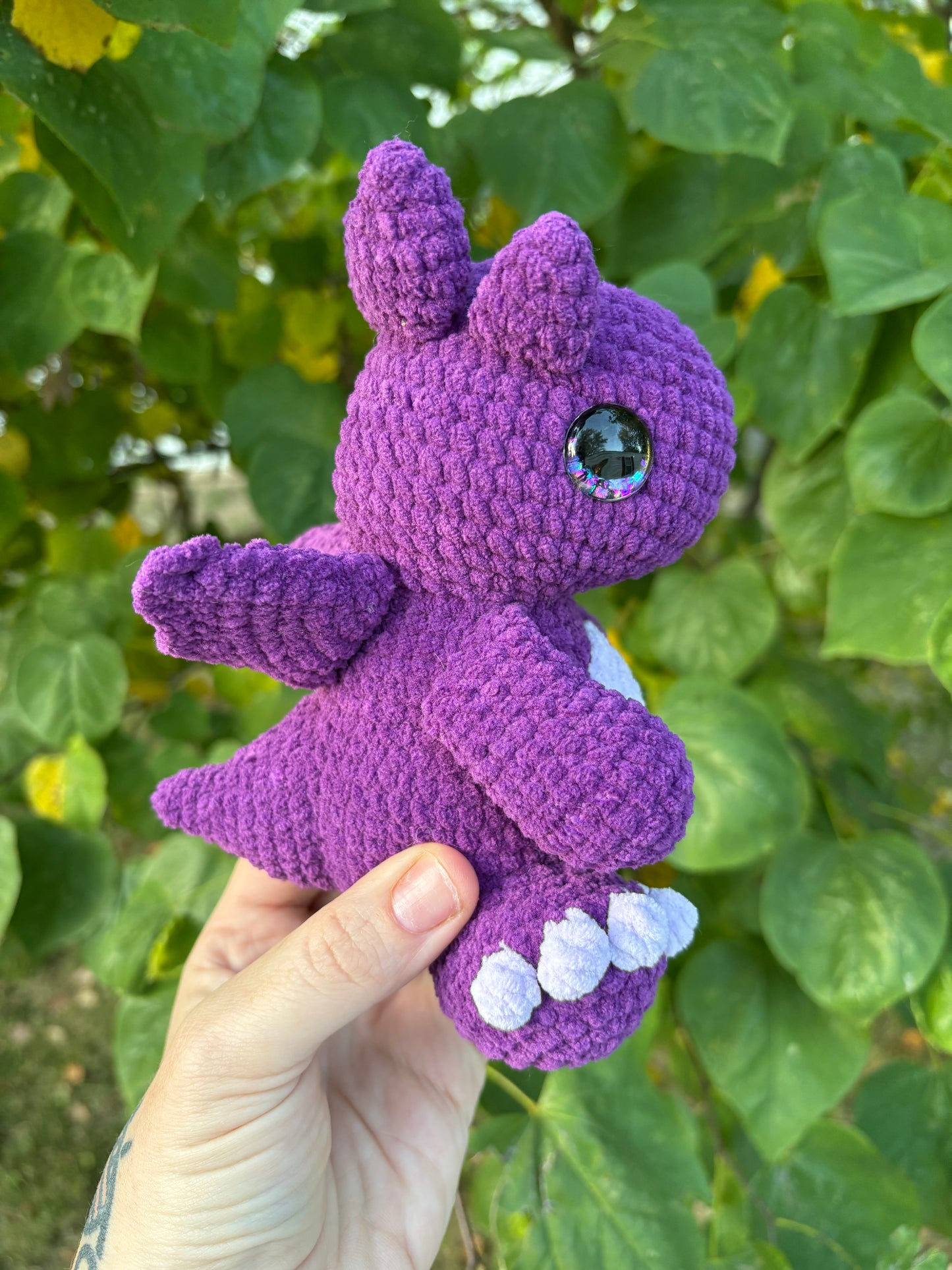 LuvKnotz Medium Purple Dragon Handmade Crochet - Soft Chenille Yarn, Approx. 8” tall, Purple Glitter Eyes, OOAK stuffed animals