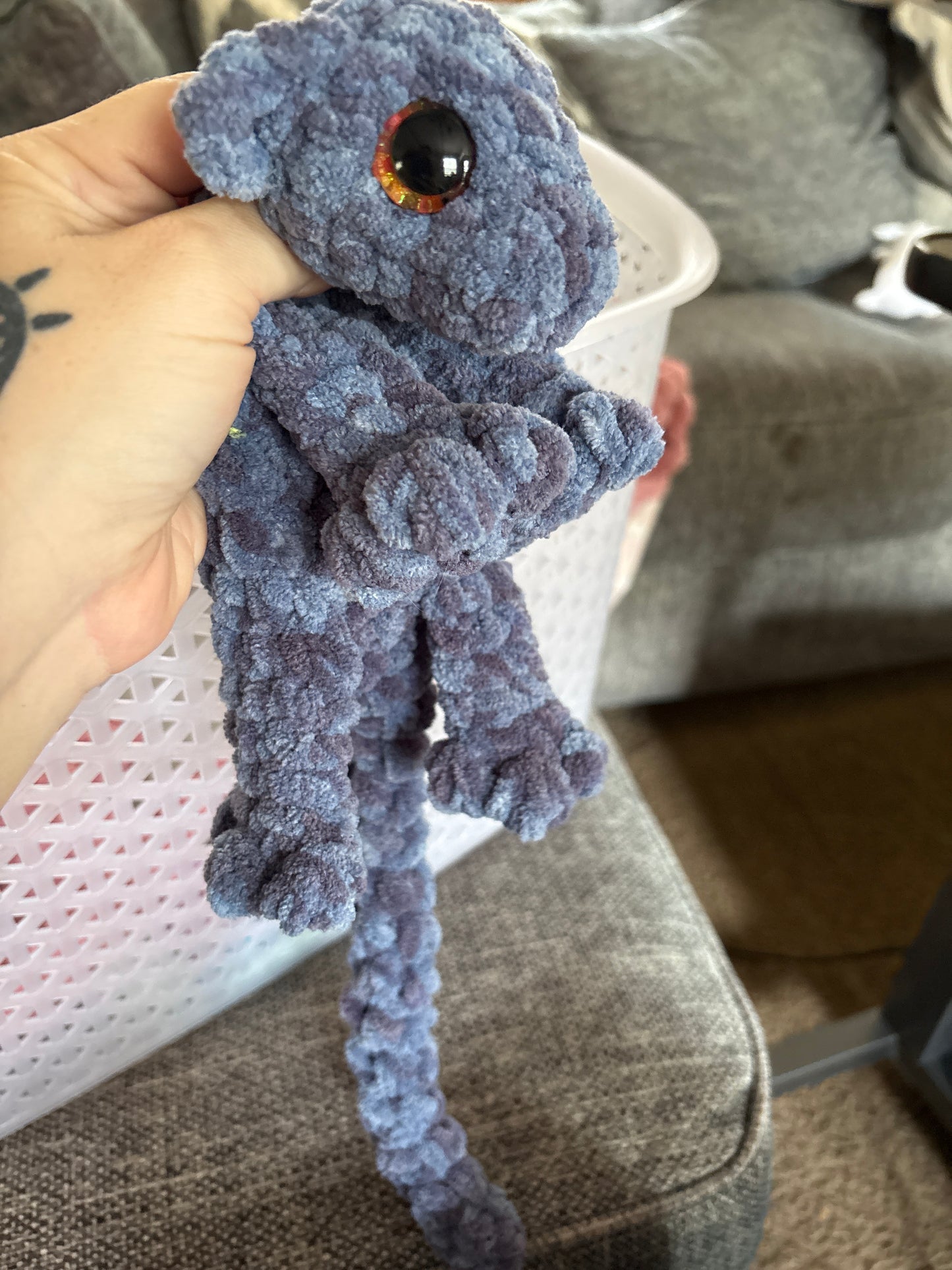 LuvKnotz Small Blue Dapple Baby Dragon Handmade Crochet - Soft Chenille Yarn, Approx. 14" Long, Orange Eyes, OOAK stuffed animals