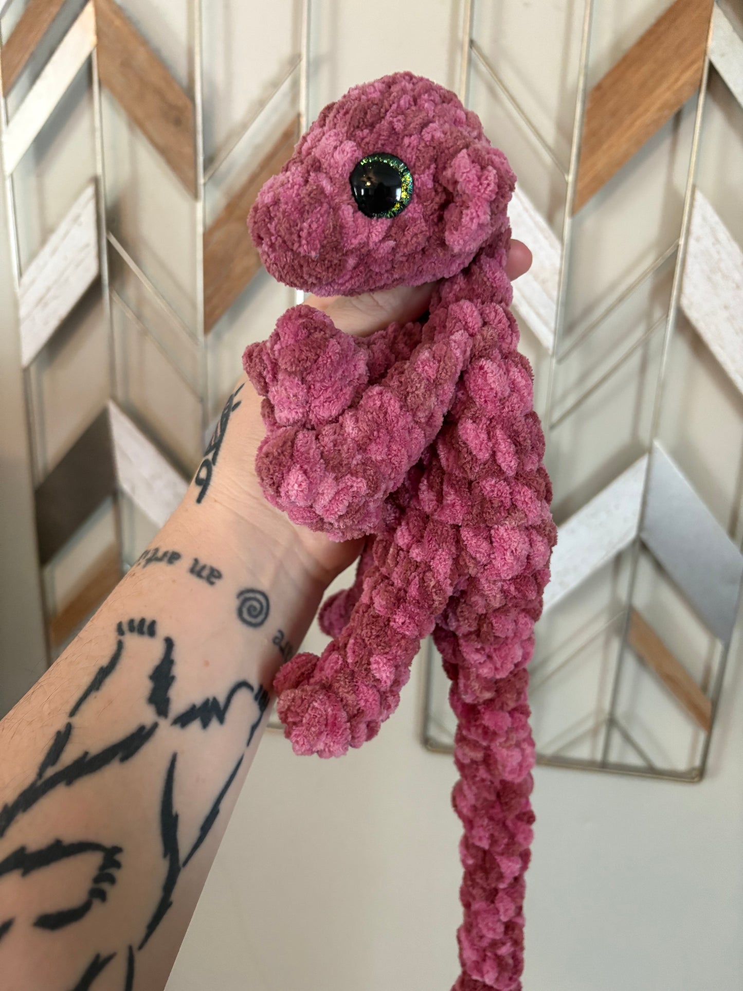 LuvKnotz Small Red Dappled Baby Dragon Handmade Crochet - Soft Chenille Yarn, Approx. 14" Long, Hand Painted Eyes, OOAK stuffed animals