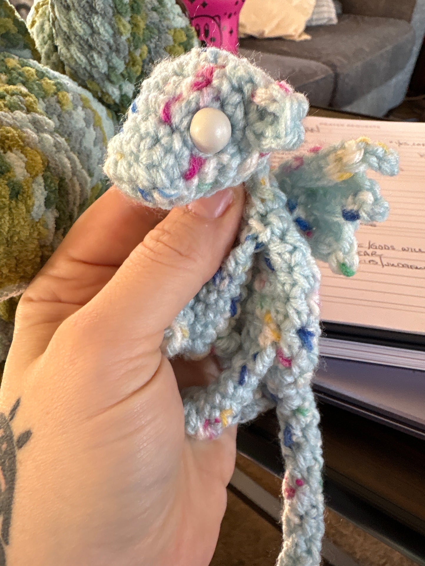 LuvKnotz Tiny Multi Blue Keychain Baby Dragon Handmade Crochet - Soft Acrylic Yarn, Approx. 10" Long, OOAK stuffed animals