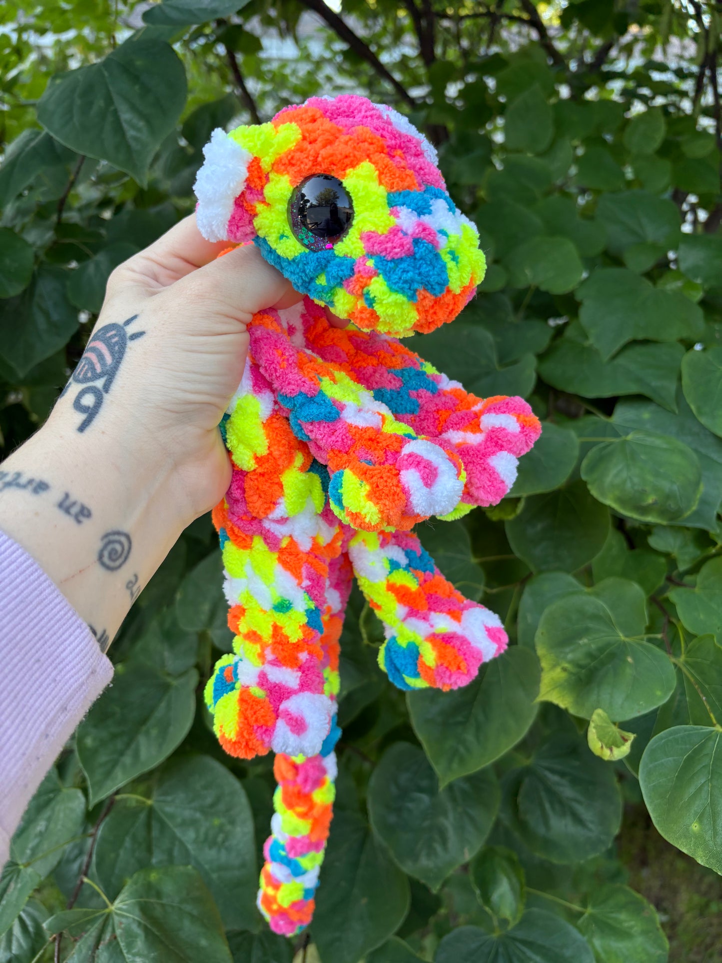LuvKnotz Large Tie Dye Baby Dragon Handmade Crochet - Soft Chenille Yarn, Approx. 24" Long, Floral Eyes, OOAK stuffed animals