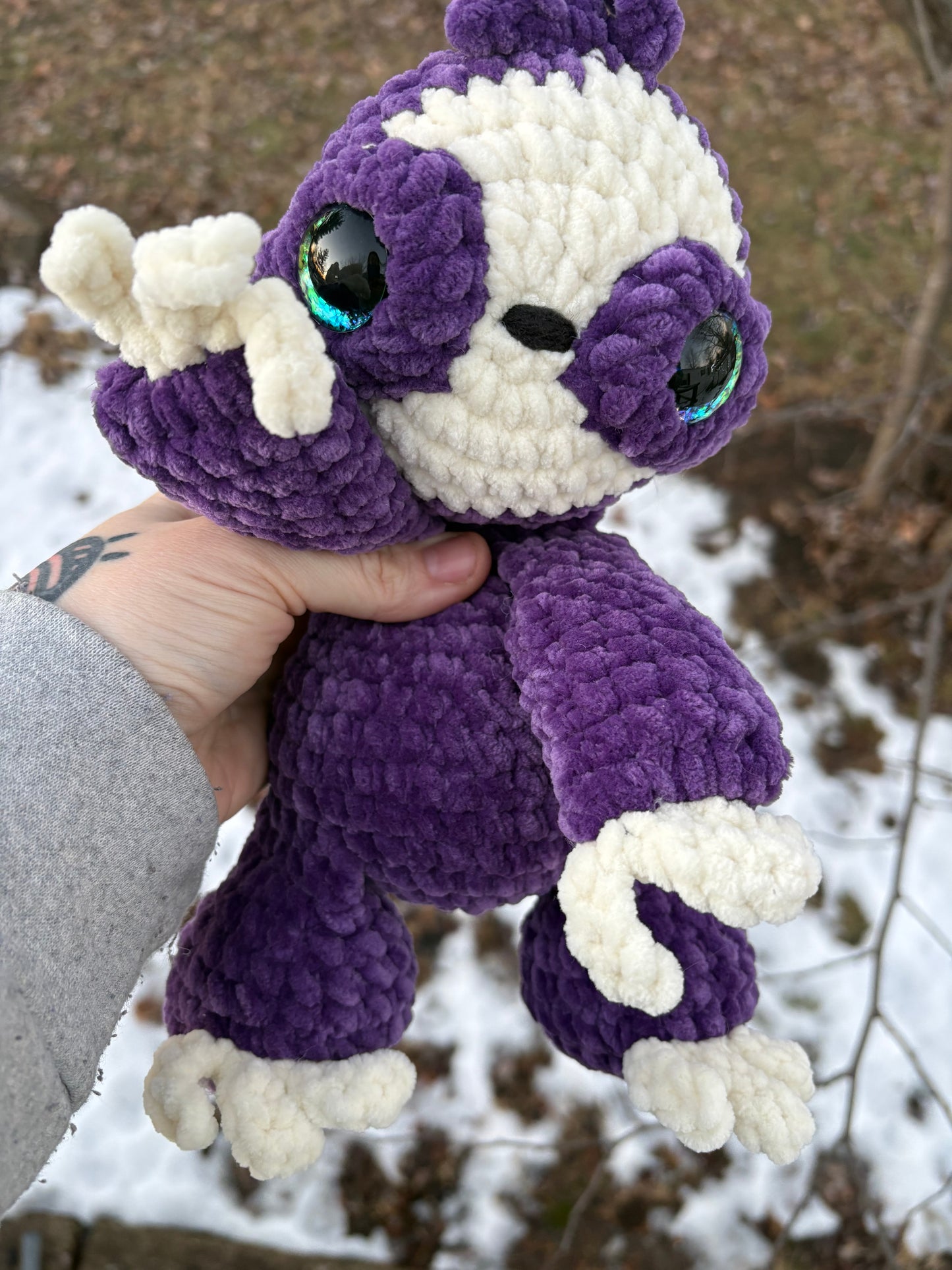 Floppy Violet - LuvKnotz Baby Sloth Handmade Crochet - Soft Chenille Yarn, Approx. 12” Long, Hand Painted Eyes, OOAK stuffed animals