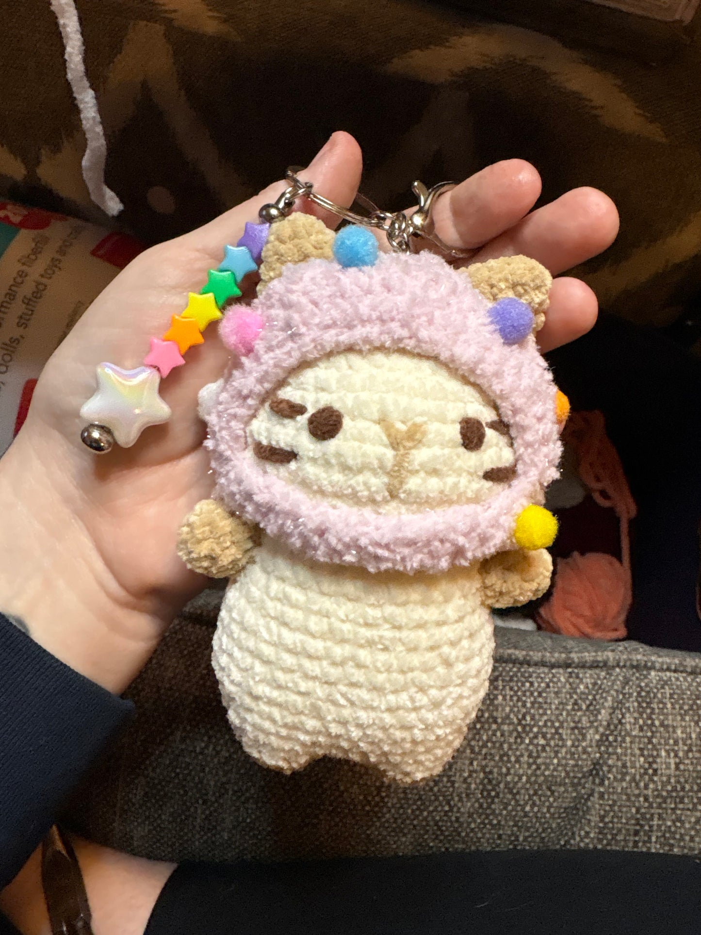 LuvKnotz Small Pink Keychain Loaf Cat Handmade Crochet - Soft Acrylic Yarn, Approx. 5” Long, OOAK stuffed animals