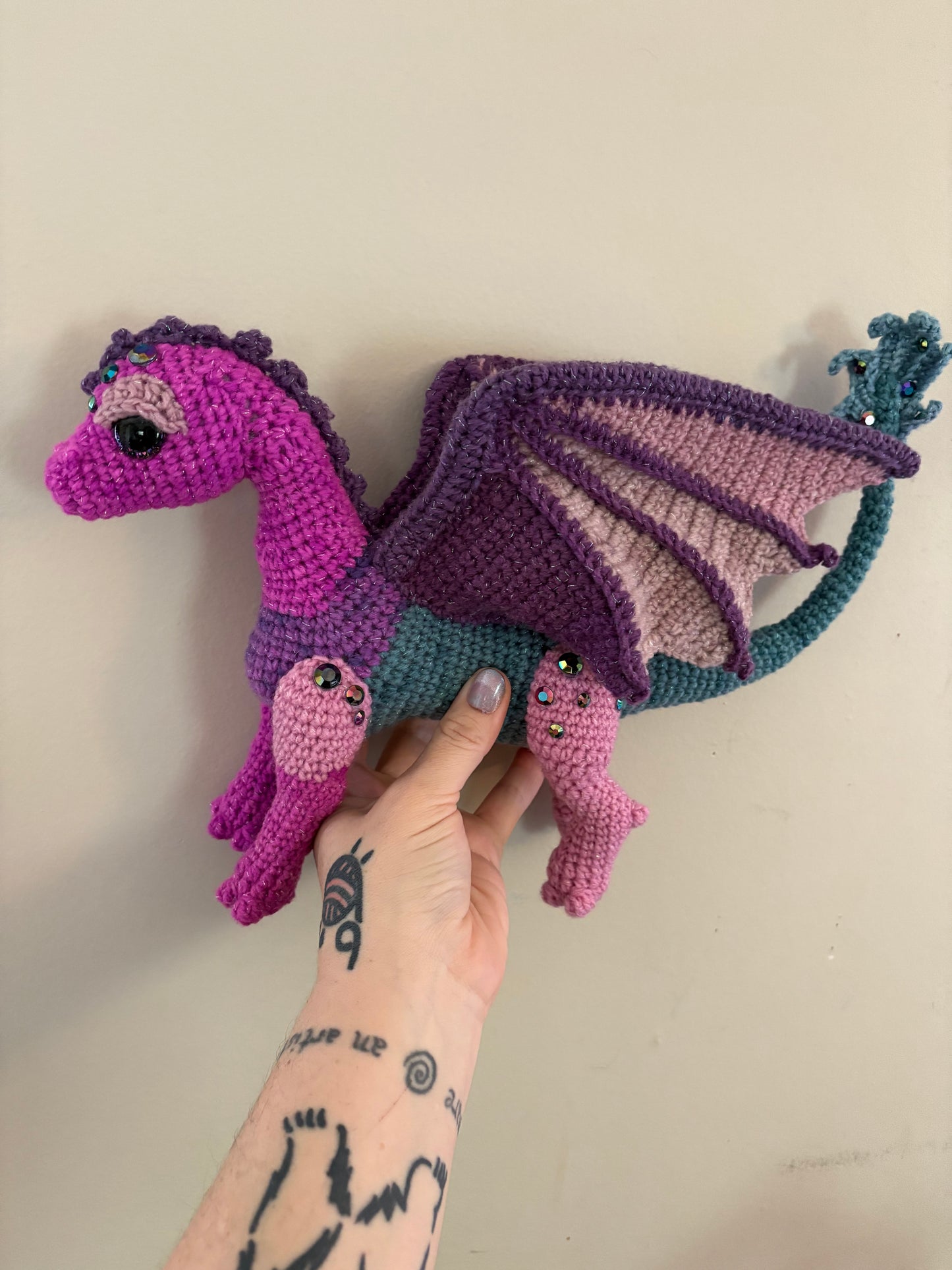 LuvKnotz Large Multicolor Wired Dragon Handmade Crochet - Soft Chenille Yarn, Approx. 14" Long, pink/orange Glitter Eyes, OOAK stuffed animals