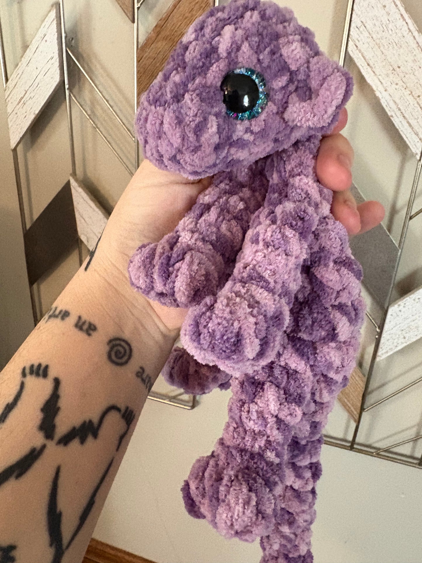 LuvKnotz Small Purple Dappled Baby Dragon Handmade Crochet - Soft Chenille Yarn, Approx. 14" Long, Hand Painted Eyes, OOAK stuffed animals