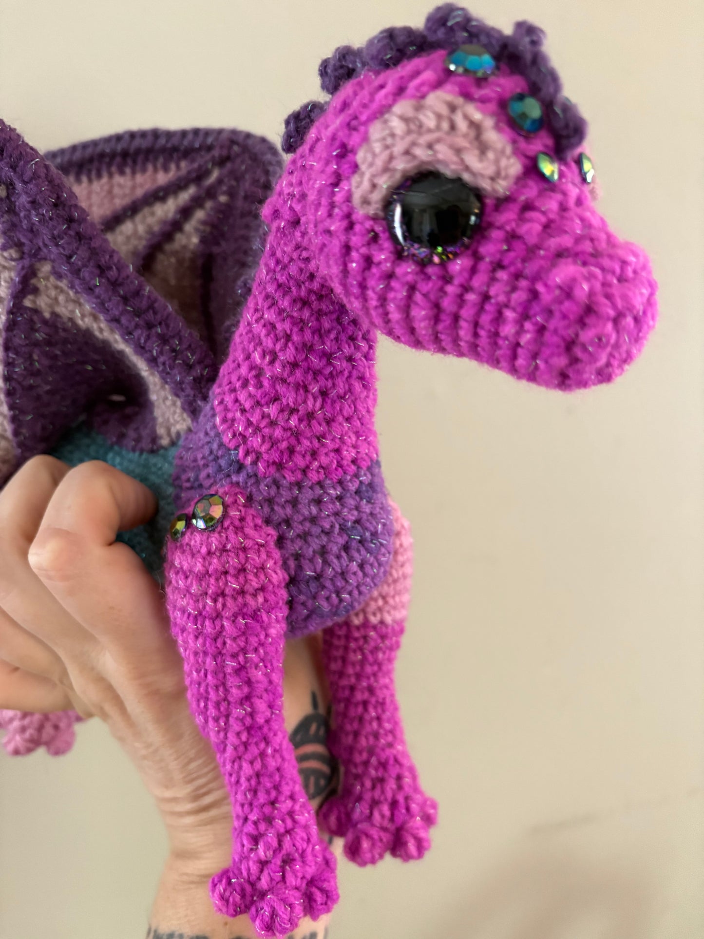LuvKnotz Large Multicolor Wired Dragon Handmade Crochet - Soft Chenille Yarn, Approx. 14" Long, pink/orange Glitter Eyes, OOAK stuffed animals