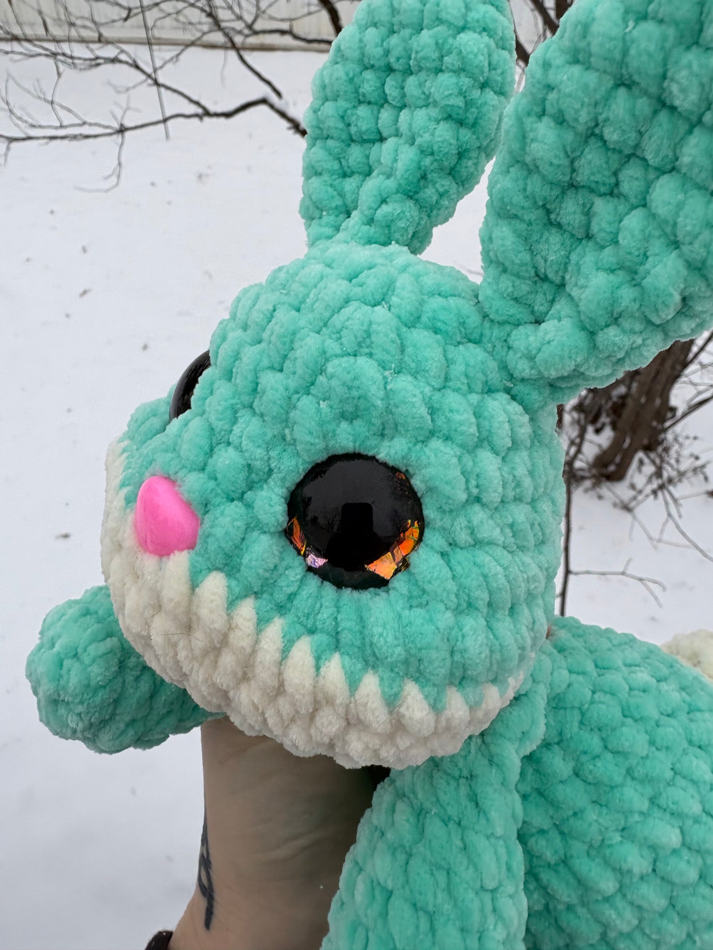 Floppy Mint - LuvKnotz Baby Bunny Rabbit Handmade Crochet - Soft Chenille Yarn, Approx. 12” Long, Hand Painted Eyes, OOAK stuffed animals