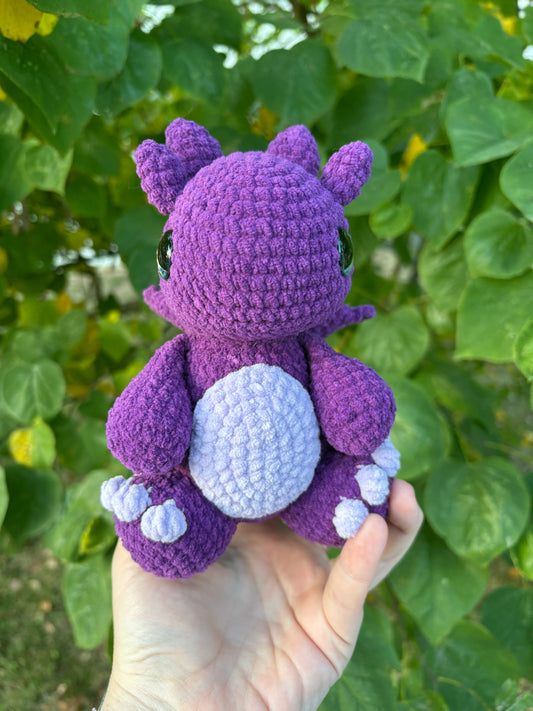 LuvKnotz Medium Purple Dragon Handmade Crochet - Soft Chenille Yarn, Approx. 8” tall, Purple Glitter Eyes, OOAK stuffed animals