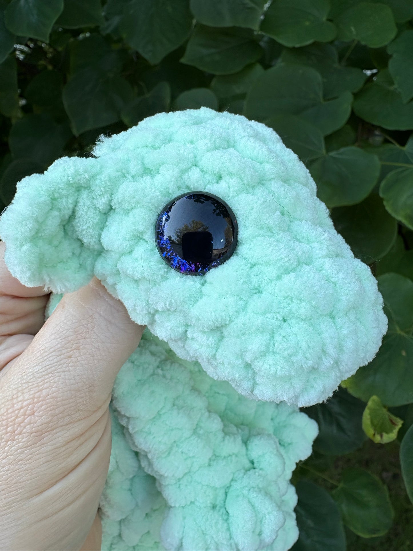 LuvKnotz Small Light Aqua Baby Dragon Handmade Crochet - Soft Chenille Yarn, Approx. 14" Long, Purple Eyes, OOAK stuffed animals