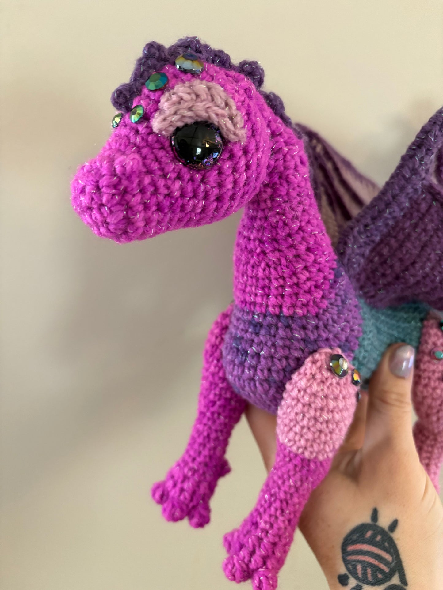 LuvKnotz Large Multicolor Wired Dragon Handmade Crochet - Soft Chenille Yarn, Approx. 14" Long, pink/orange Glitter Eyes, OOAK stuffed animals