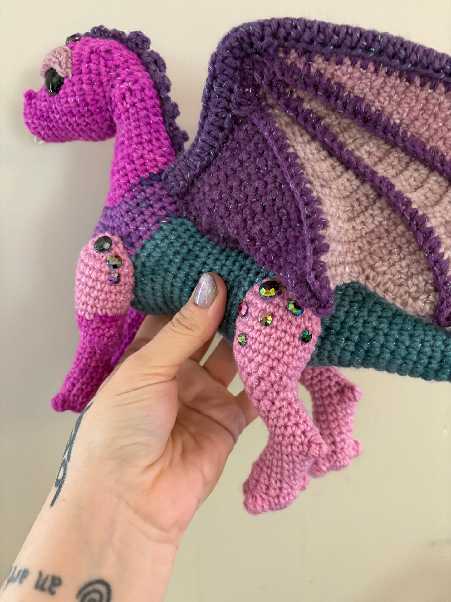 LuvKnotz Large Multicolor Wired Dragon Handmade Crochet - Soft Chenille Yarn, Approx. 14" Long, pink/orange Glitter Eyes, OOAK stuffed animals