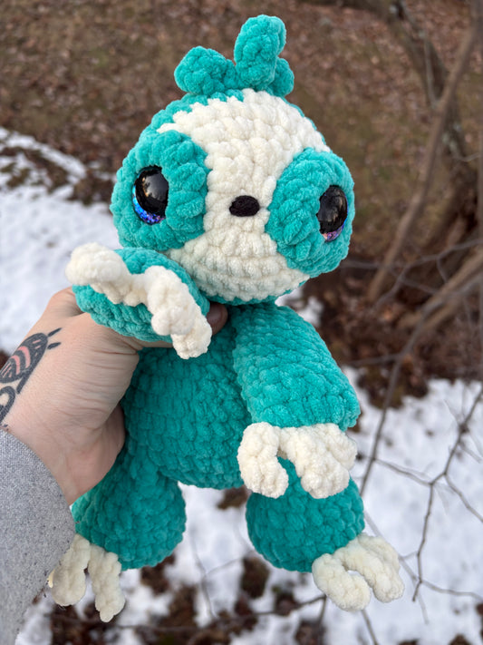 Floppy Turquoise - LuvKnotz Baby Sloth Handmade Crochet - Soft Chenille Yarn, Approx. 12” Long, Hand Painted Eyes, OOAK stuffed animals