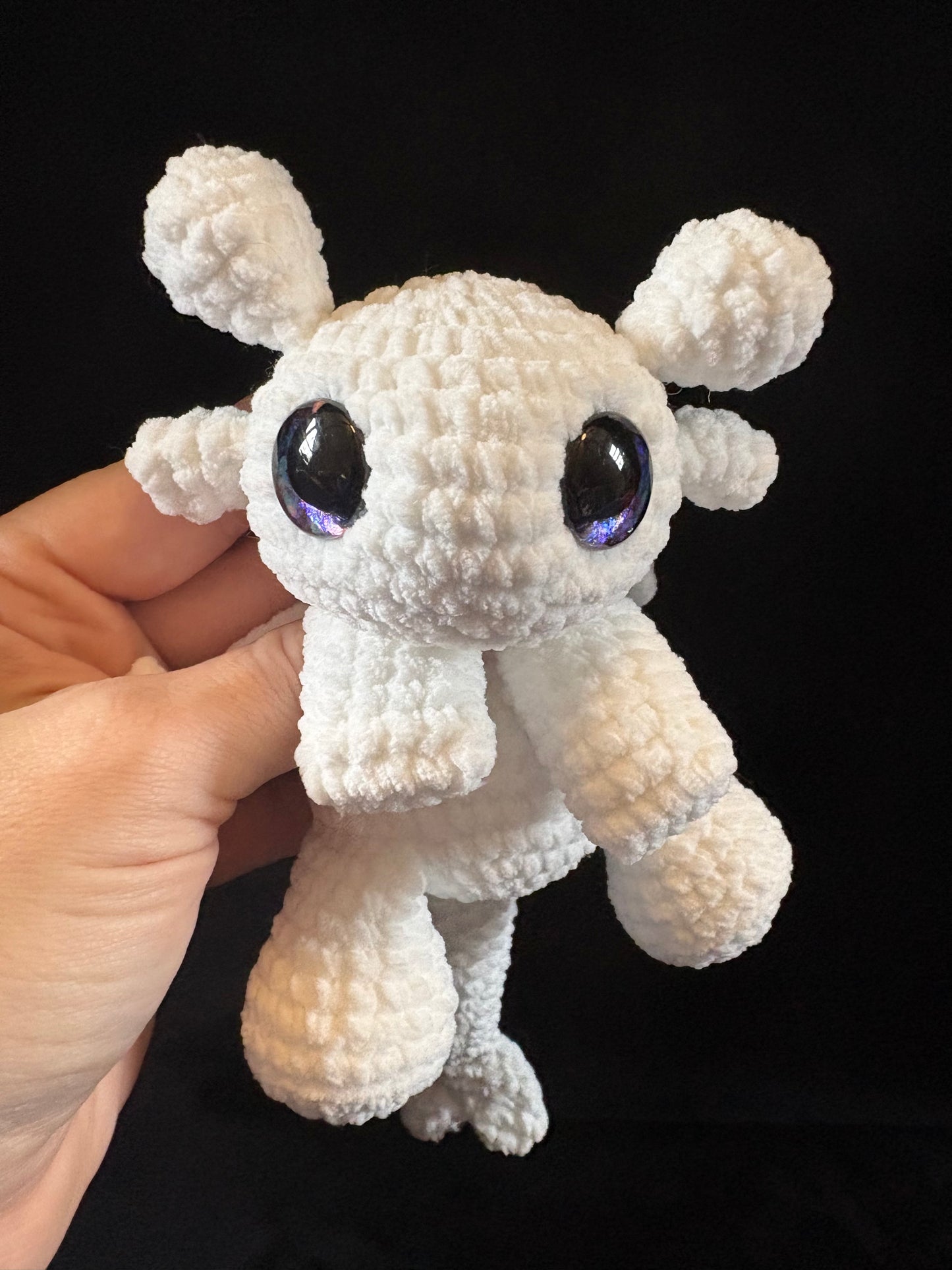 Floppy White - LuvKnotz Baby Dragon Handmade Crochet - Soft Chenille Yarn, Approx. 10” Long, Hand Painted Eyes, OOAK stuffed animals