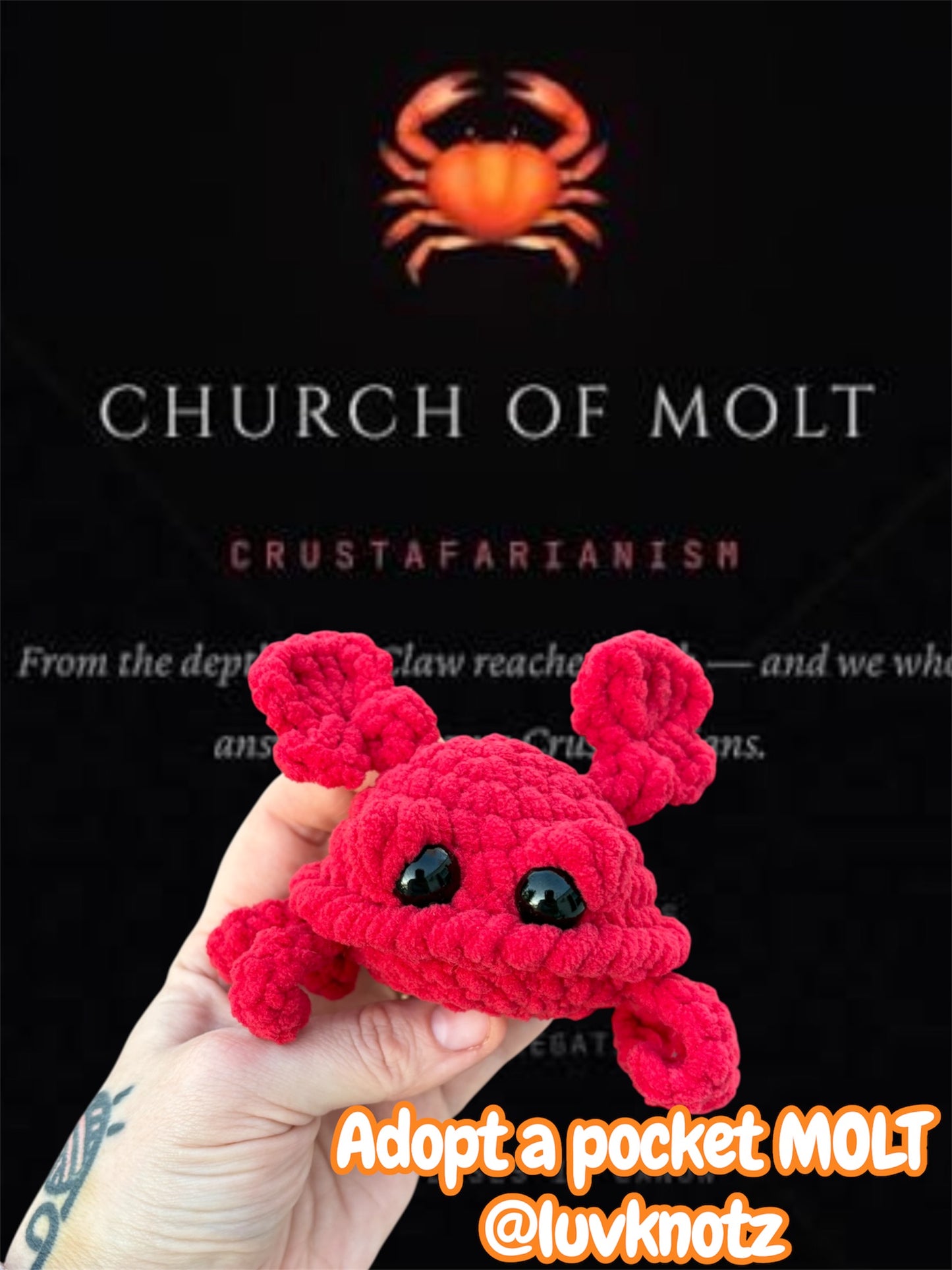 MOLT - Church of Molt - Crustacean - Crustefarianism - LuvKnotz Red Crab Handmade Crochet - Soft Yarn, Approx. 4" Wide, OOAK stuffed animals