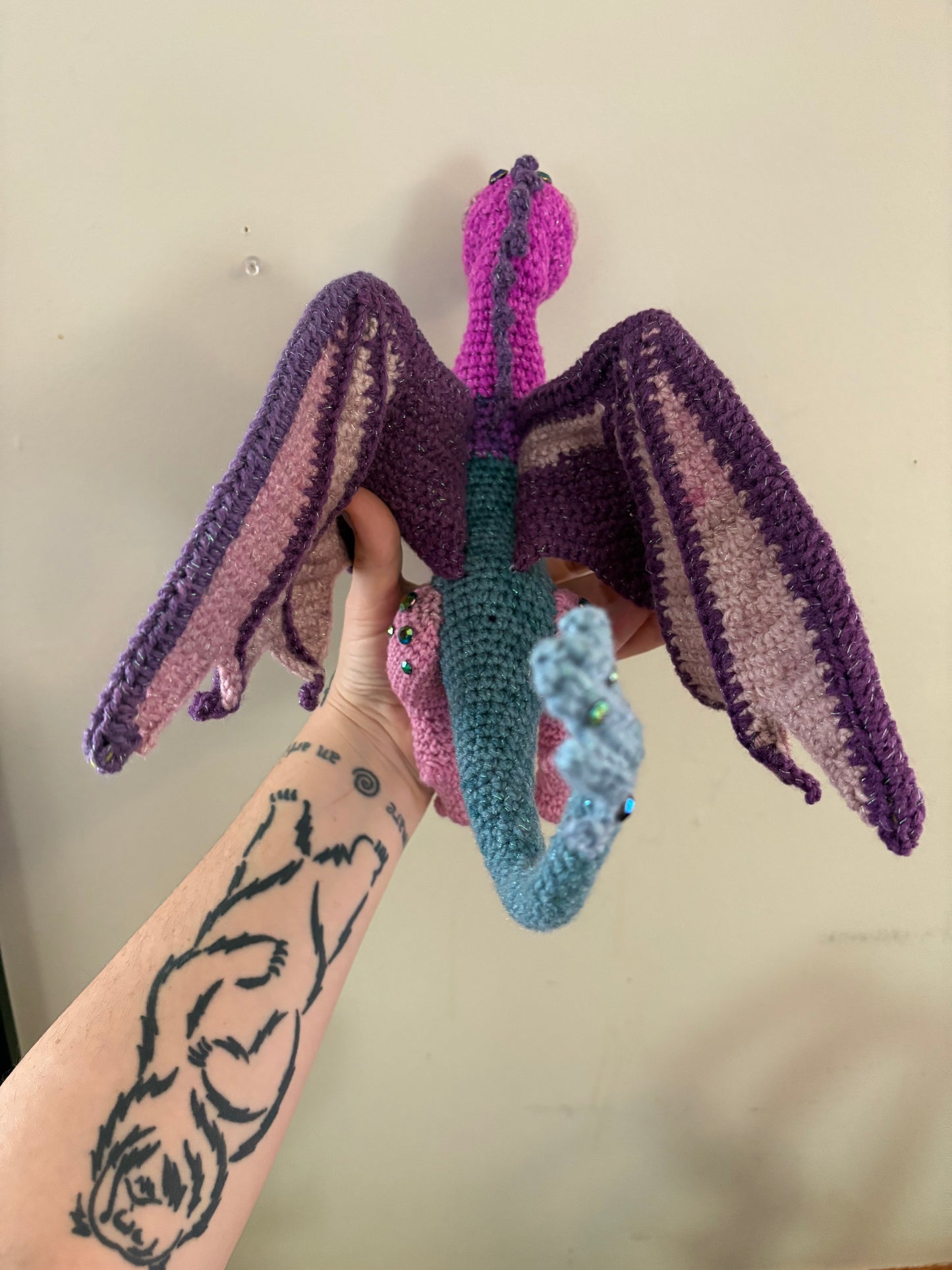 LuvKnotz Large Multicolor Wired Dragon Handmade Crochet - Soft Chenille Yarn, Approx. 14" Long, pink/orange Glitter Eyes, OOAK stuffed animals