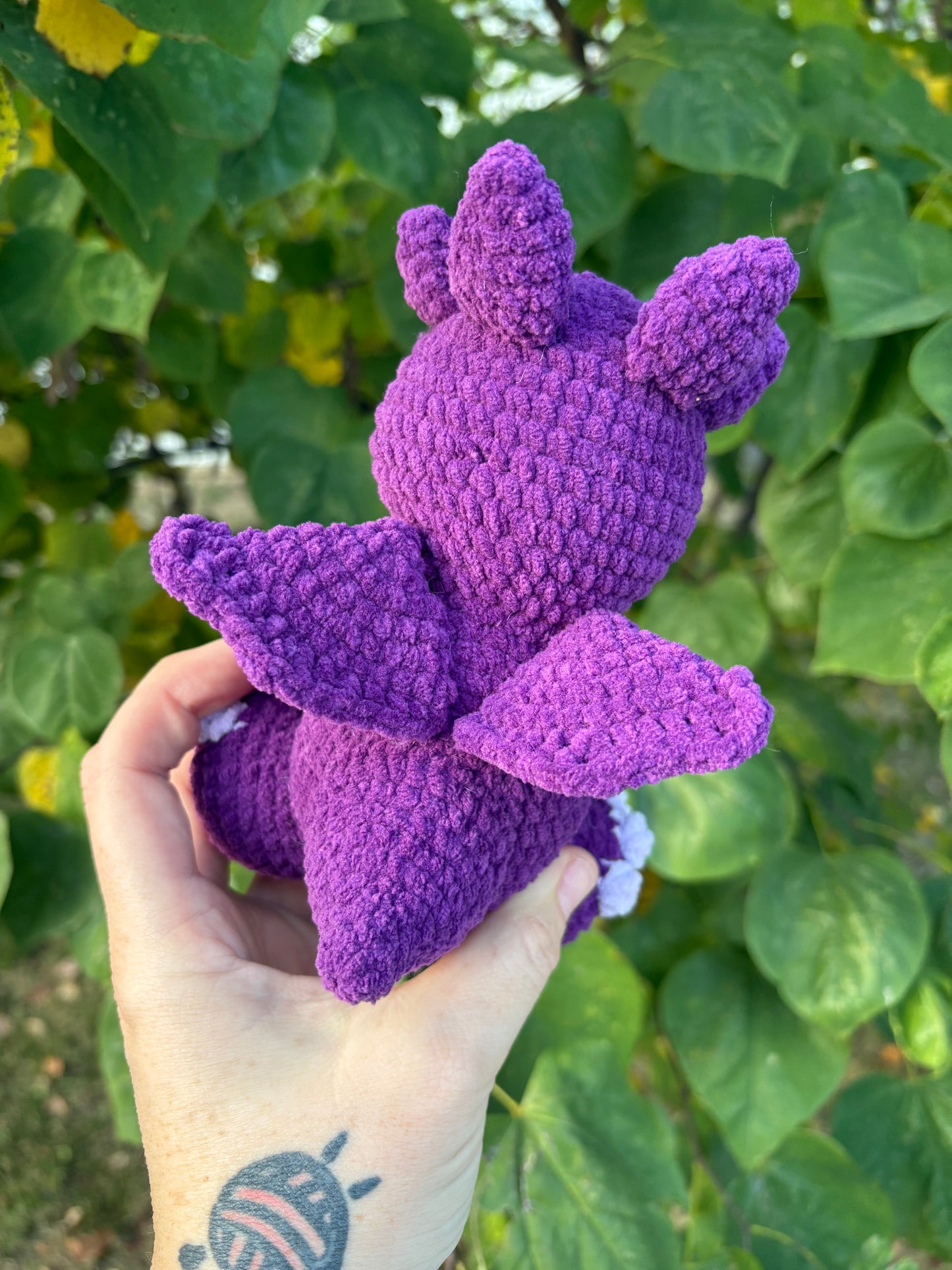 LuvKnotz Medium Purple Dragon Handmade Crochet - Soft Chenille Yarn, Approx. 8” tall, Purple Glitter Eyes, OOAK stuffed animals