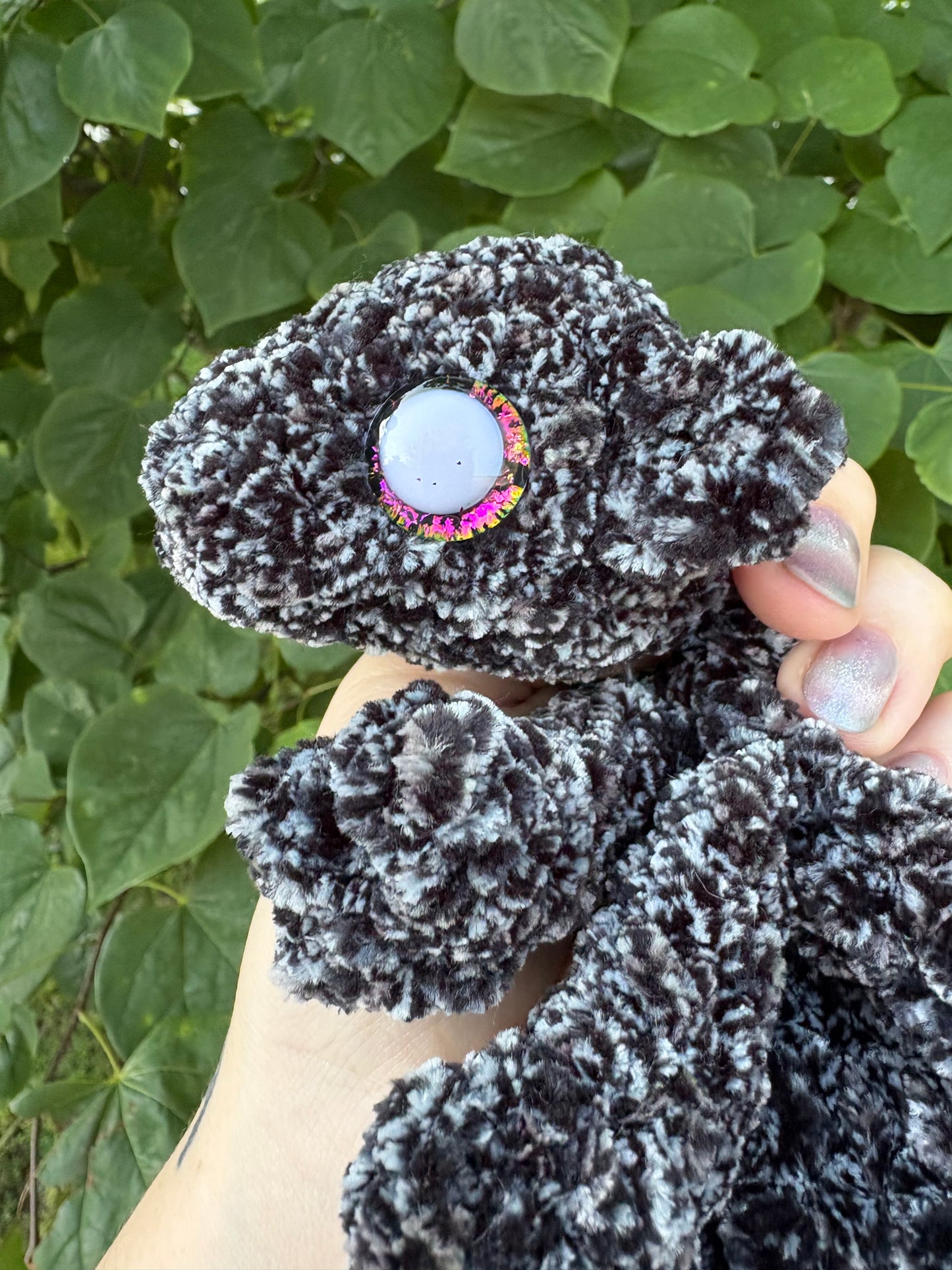 LuvKnotz Small Black White Baby Dragon Handmade Crochet - Soft Chenille Yarn, Approx. 14" Long, White Pink Eyes, OOAK stuffed animals