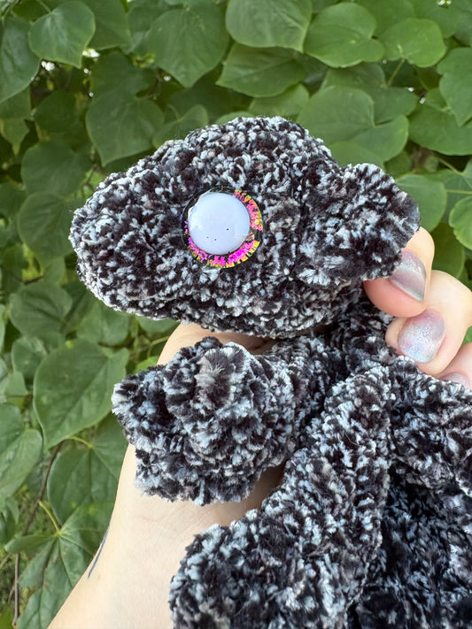 LuvKnotz Small Black White Baby Dragon Handmade Crochet - Soft Chenille Yarn, Approx. 14" Long, White Pink Eyes, OOAK stuffed animals
