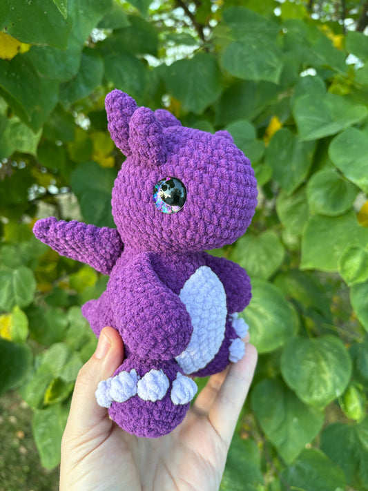 LuvKnotz Medium Purple Dragon Handmade Crochet - Soft Chenille Yarn, Approx. 8” tall, Purple Glitter Eyes, OOAK stuffed animals