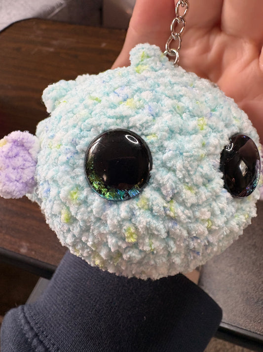 LuvKnotz Tiny Multicolor Keychain Blowfish Handmade Crochet - Soft Acrylic Yarn, Approx. 3” Long, OOAK stuffed animals