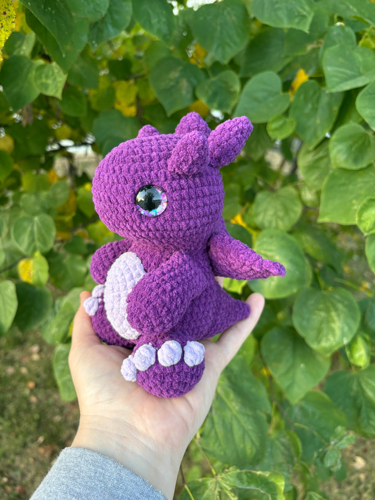 LuvKnotz Medium Purple Dragon Handmade Crochet - Soft Chenille Yarn, Approx. 8” tall, Purple Glitter Eyes, OOAK stuffed animals