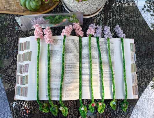 Lavender Leaf Bookmark with charms - LuvKnotz uniquely handmade crochet - bible study book reading fantasy floral dangle marker - approx 8” long