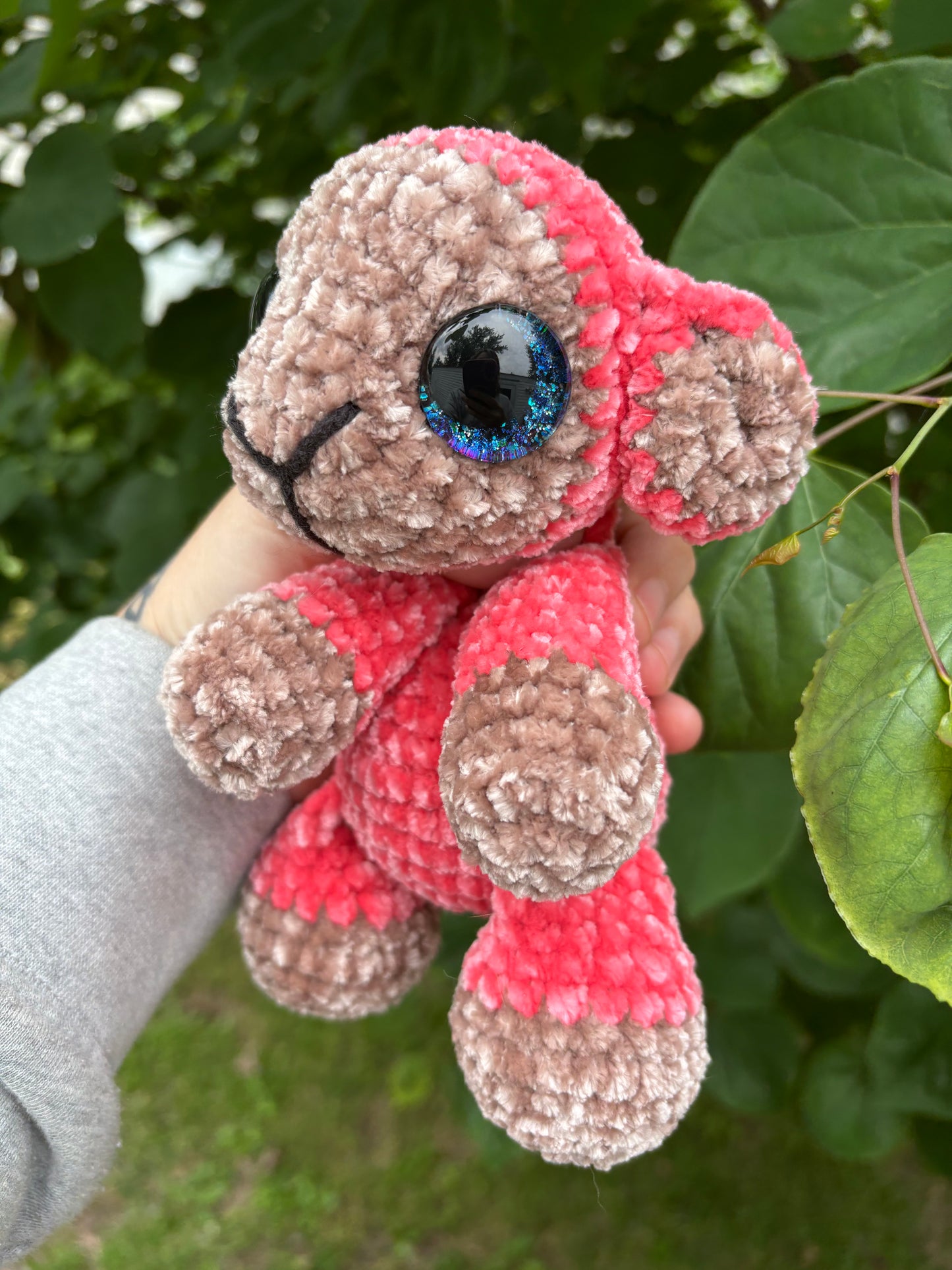 Floppy Pink - LuvKnotz Baby Lamb Handmade Crochet - Soft Chenille Yarn, Approx. 12” Long, Hand Painted Eyes, OOAK stuffed animals