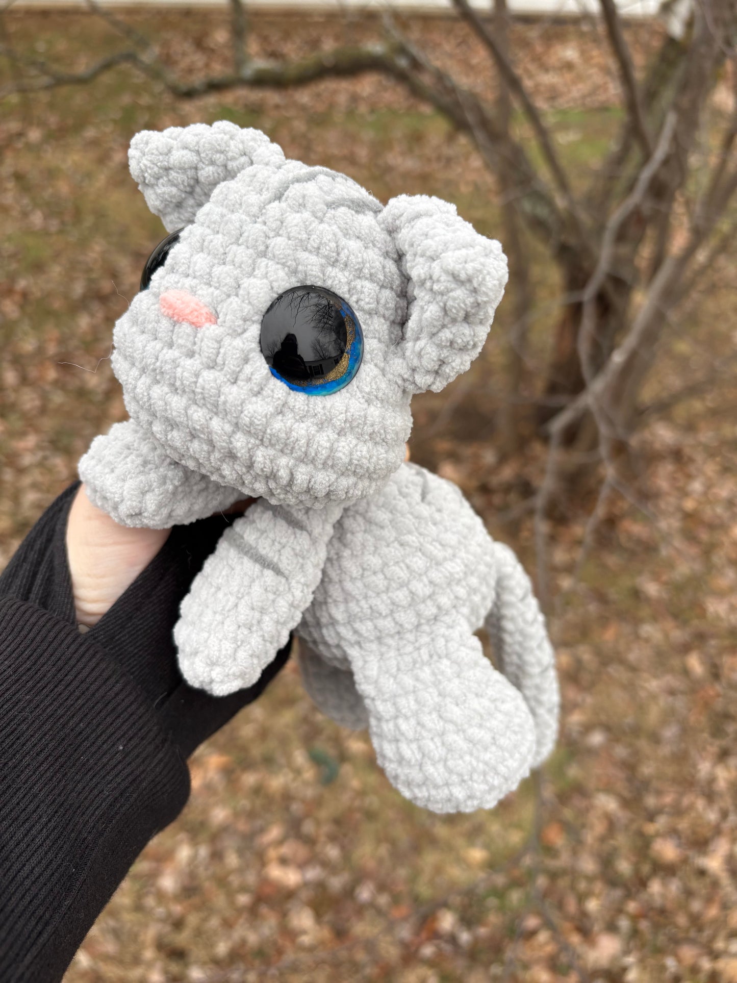 Floppy Grey - LuvKnotz Medium Cat Handmade Crochet - Soft Chenille Yarn, Approx. 10” Long, Hand Painted Eyes, OOAK stuffed animals