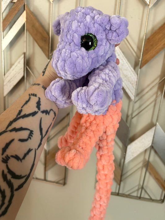 LuvKnotz Large Purple Coral Baby Dragon Handmade Crochet - Soft Chenille Yarn, Approx. 24" Long, hand painted Eyes, OOAK stuffed animals