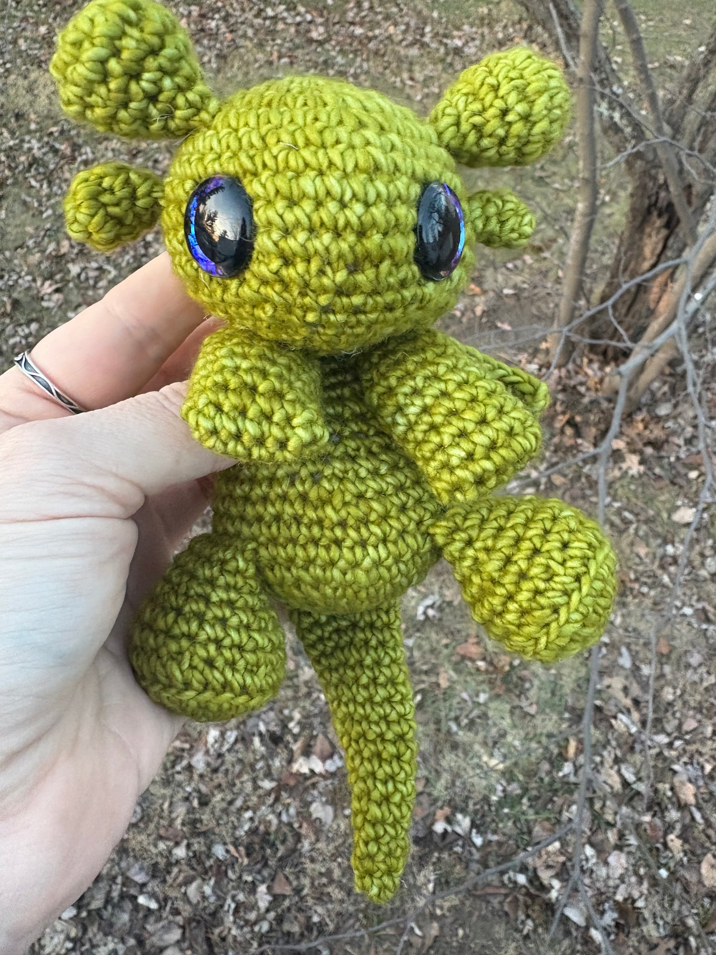 Floppy Light Green - LuvKnotz Baby Dragon Handmade Crochet - Soft Chenille Yarn, Approx. 10” Long, Hand Painted Eyes, OOAK stuffed animals