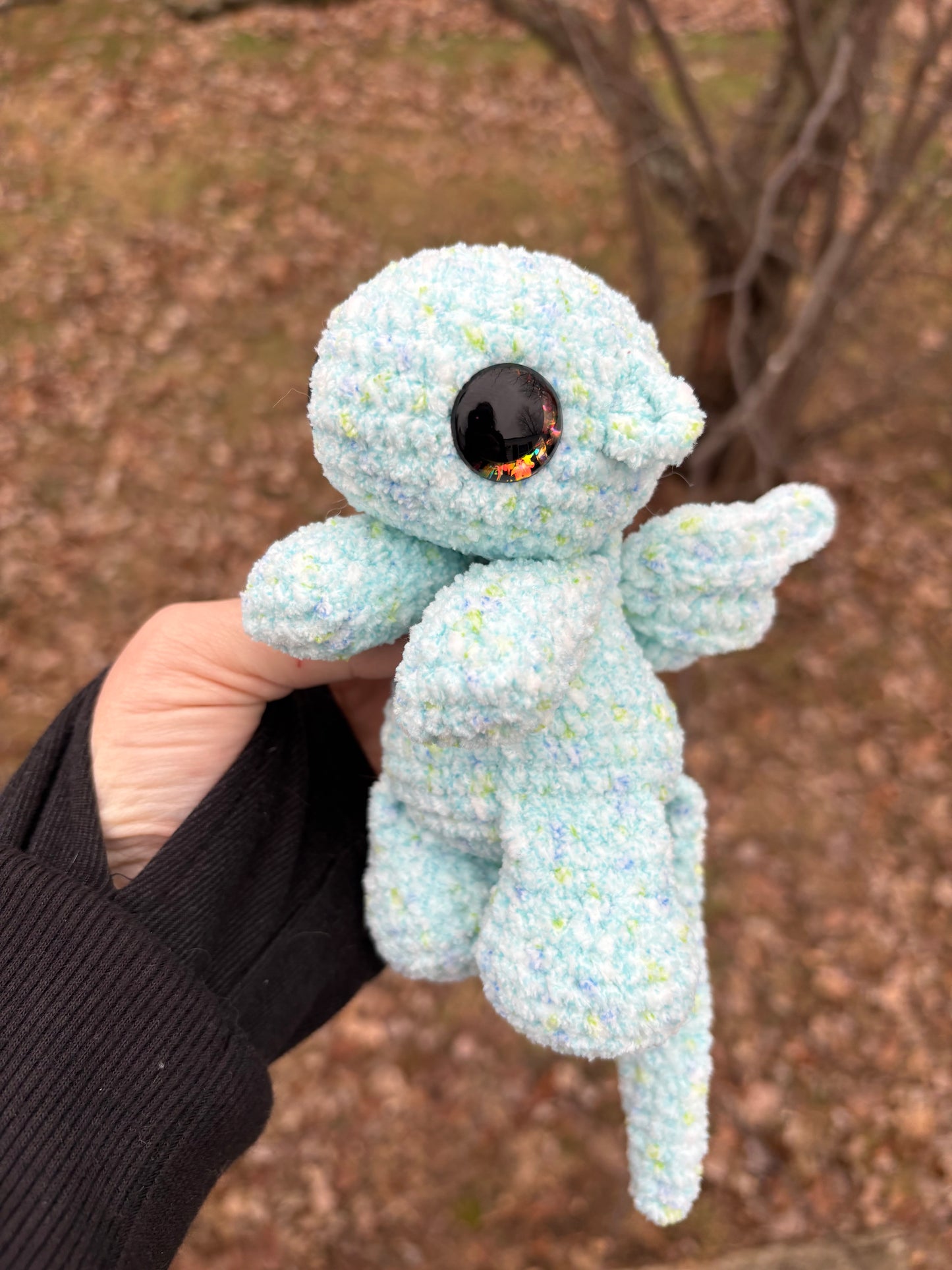 Floppy Light Blue - LuvKnotz Baby Dragon Handmade Crochet - Soft Chenille Yarn, Approx. 10” Long, Hand Painted Eyes, OOAK stuffed animals