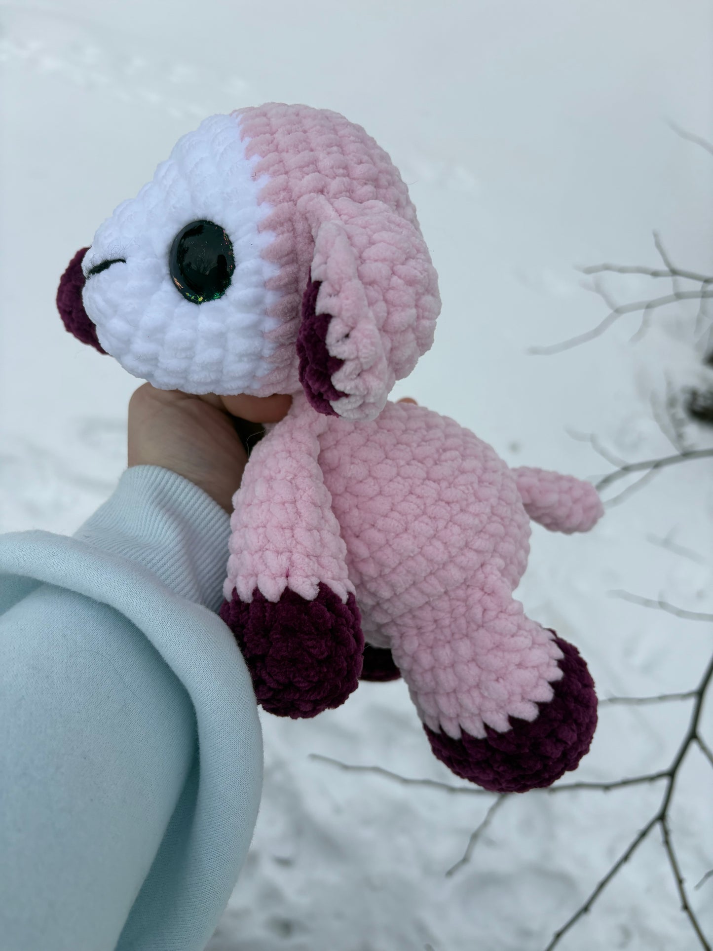Floppy Pink - LuvKnotz Baby Lamb Handmade Crochet - Soft Chenille Yarn, Approx. 12” Long, Hand Painted Eyes, OOAK stuffed animals