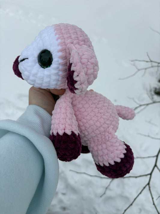 Floppy Pink - LuvKnotz Baby Lamb Handmade Crochet - Soft Chenille Yarn, Approx. 12” Long, Hand Painted Eyes, OOAK stuffed animals