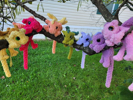CUSTOM for Brooke- Small Green Glow-in-the-Dark Baby Dragon Handmade Crochet - Chenille Yarn, Approx. 14" Long, Purple/Blue Glow-In-the-Dark Eyes, OOAK stuffed animals