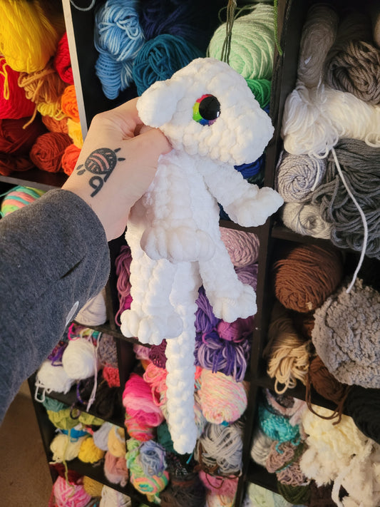 LuvKnotz Large White Baby Dragon Handmade Crochet - Soft Chenille Yarn, Approx. 24" Long, Rainbow Eyes, OOAK stuffed  animals