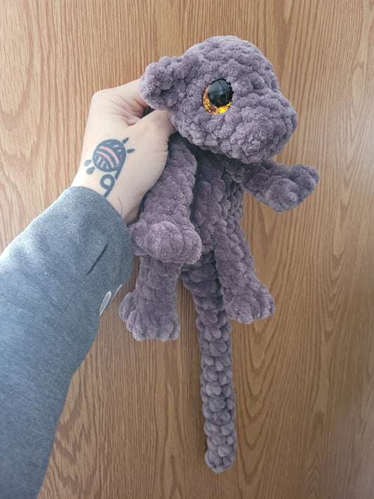 LuvKnotz Large Brown Baby Dragon Handmade Crochet - Soft Chenille Yarn, Approx. 24" Long, Orange Eyes, OOAK stuffed  animals